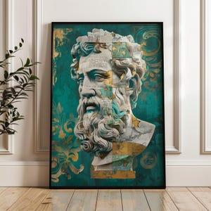 Abstract Pop Art Philosopher Print Greek Roman Bust Portrait Emerald Green Wall Art Mixed Media Style Ancient Statue Poster Stoic Home Decor