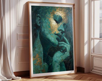 Abstract Woman Oil Painting | Emerald and Gold Textured Art | Modern Fine Art Portrait | Contemporary Boho Wall Decor | Printable Download