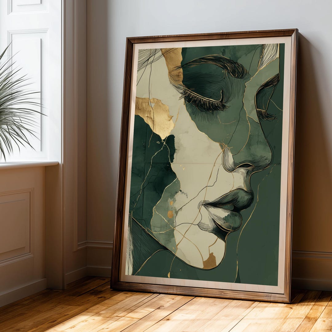 Abstract Female Face Wall Art | Emerald Green & Gold Line Art Print ...