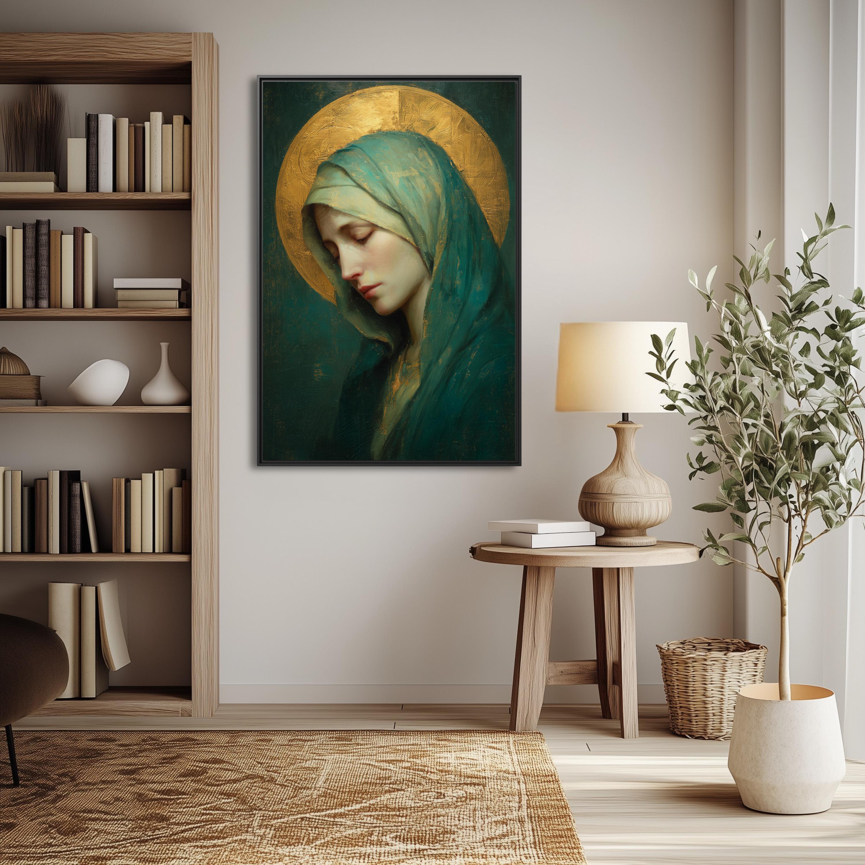 Virgin Mary Framed Canvas | Emerald and Gold Religious Art Print ...