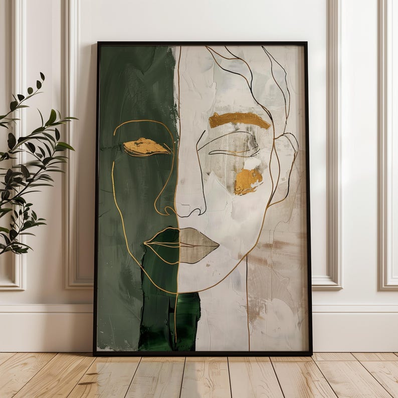 Abstract Female Face Line Art Print Emerald Green Gold Wall Art Modern ...