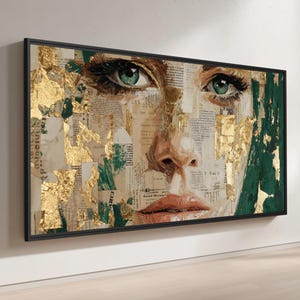 May include: A framed artwork featuring a woman's face. The portrait uses a collage technique with newspaper clippings, gold leaf accents, and green paint strokes. The woman has green eyes and a neutral lip color.