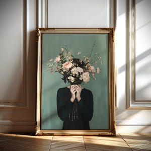 Minimalist Woman With Flower Bouquet Print Sage Green Floral Wall Art Feminine Botanical Portrait Modern Boho Home Decor Aesthetic Art Print