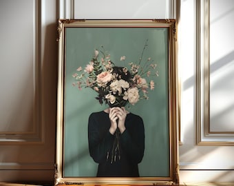 Impresión minimalista de mujer con ramo de flores, arte de pared floral verde salvia, retrato botánico femenino, decoración moderna bohemia para el hogar, impresión artística estética