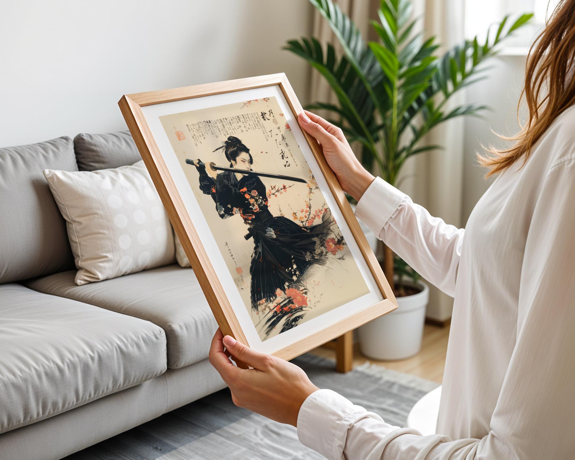 女性侍の壁掛けアート 日本の女武芸者 刀 戦士プリント 黒の着物 花柄