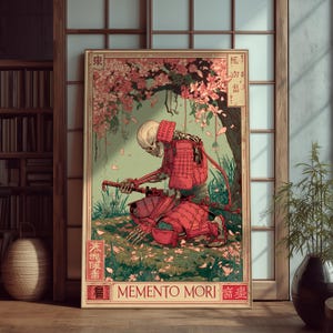 Memento Mori Samurai Skeleton Poster Print | Gothic Japanese Wall Decor | Tarot-Inspired Samurai Art | Vintage Occult Home Decor