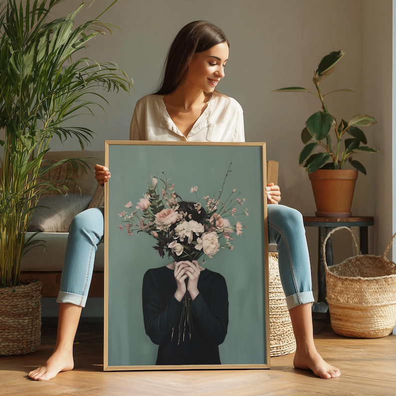 Minimalist Woman With Flower Bouquet Print Sage Green Floral Wall Art ...