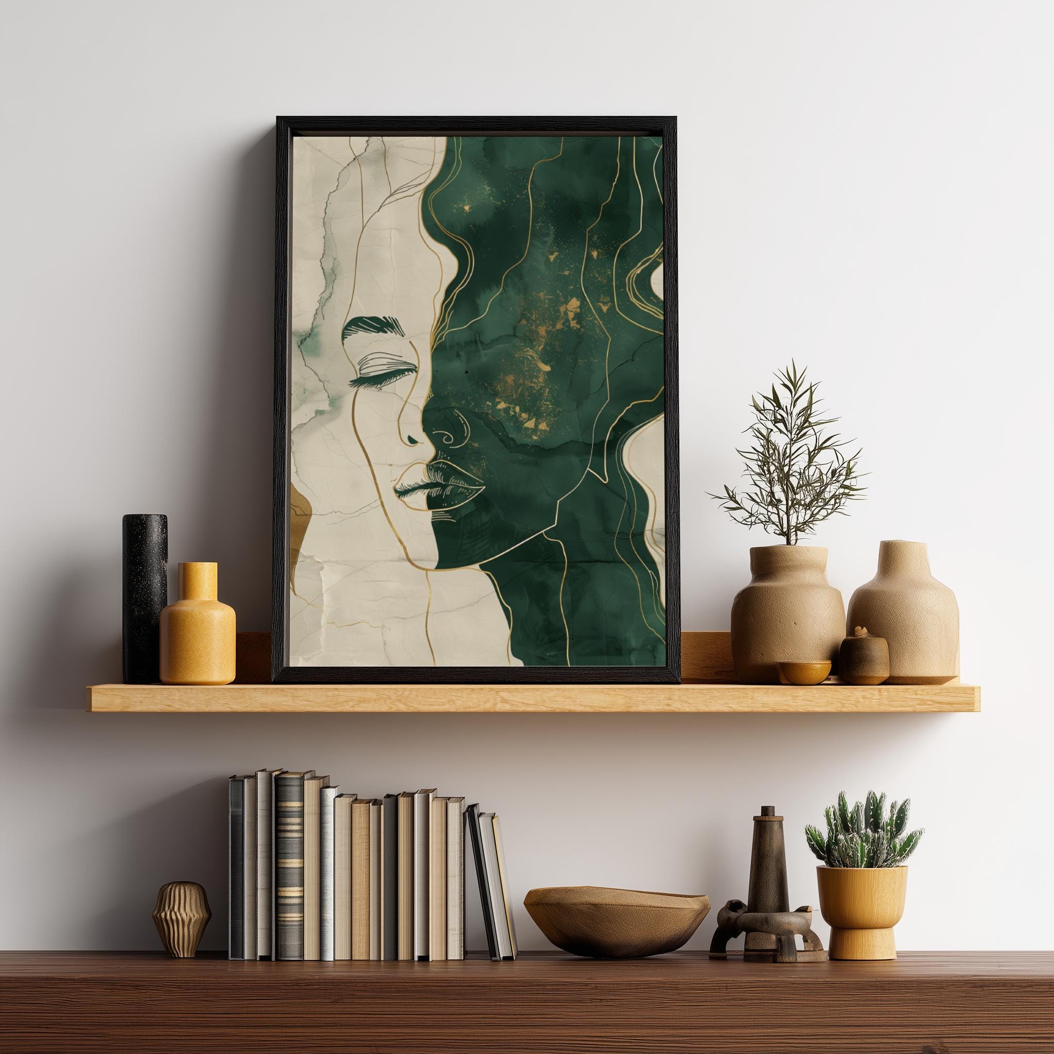 Abstract Female Face Wall Art Emerald Green & Gold Line Art Print ...