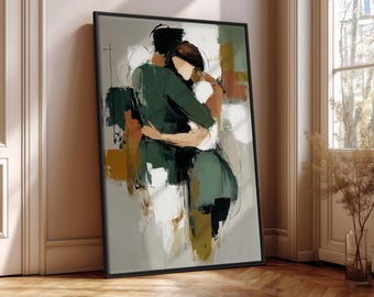 Abstract Couple Embrace Framed Canvas | Modern Minimalist Love Art Print | Emotional Figurative Wall Art | Warm Contemporary Home Decor