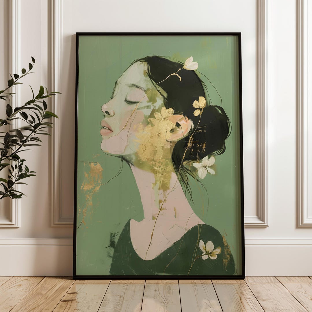 Minimalist Floral Woman Portrait Wall Art Green Gold Feminine Abstract ...