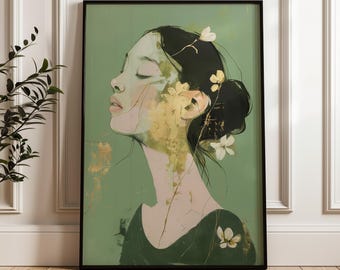 Ritratto di donna floreale minimalista, arte murale, stampa artistica astratta verde oro, decorazione botanica moderna, illustrazione femminile elegante