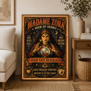 May include: A rectangular poster featuring a central illustration of a woman with a headpiece looking over a crystal ball. Text reads Madame Zora, Seer of Seers, She Sees All, Past Present Future, Your Fate Revealed, Love, Wealth, Fortune, Destiny Is In The Cards.