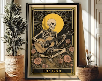 Póster de esqueleto del tarot / Arte de pared con la carta del Loco del tarot / Esqueleto gótico ocultista tocando la guitarra / Decoración del hogar vintage inspirada en el tarot