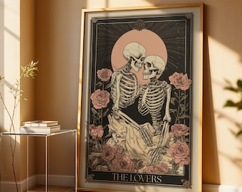 The Lovers Tarot Skeleton Poster Print | Gothic Romantic Wall Art | Dark Occult Skeleton Illustration | Vintage Tarot-Inspired Home Decor