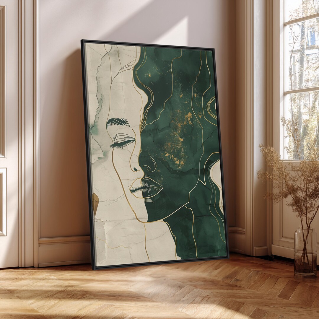 Abstract Female Face Wall Art Emerald Green & Gold Line Art Framed ...