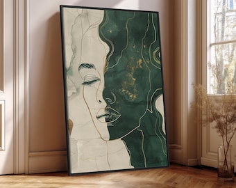 Abstract Female Face Wall Art Emerald Green & Gold Line Art Framed Canvas Modern Minimalist Woman Portrait Boho Glam Home Decor