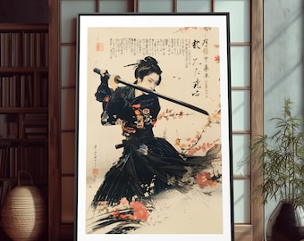 Weibliche Samurai Leinwand Kunst | Elegante Onna-Bugeisha Kriegerin mit Katana | Japanische Kultur inspirierte Wohnkultur