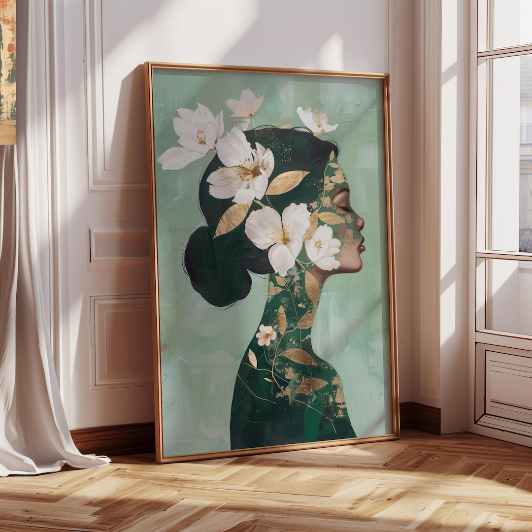 Emerald Green Floral Wall Art Minimalist Woman Profile Print Botanical ...