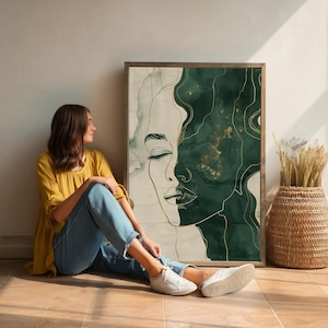 Abstract Female Face Wall Art Emerald Green & Gold Line Art Print ...