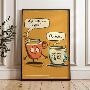 Funny Coffee Wall Art Printable Depresso Mug Cartoon Digital Print Cute Coffee Quote Kitchen Decor Coffee Lover Gift No Coffee Humor Poster