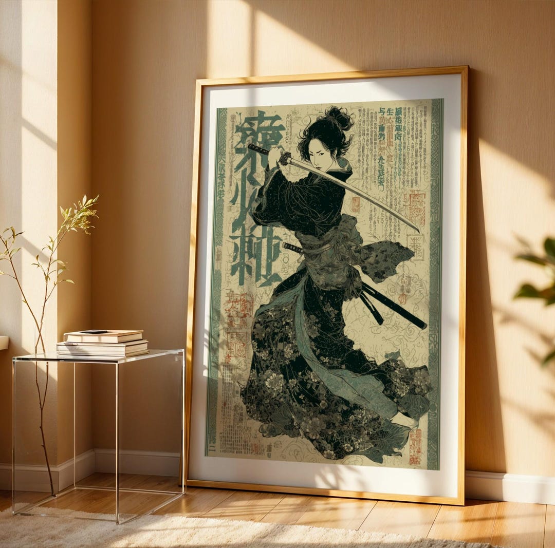 Japanese Warrior Woman Print | Silent Petal Samurai Wall Art | Modern ...