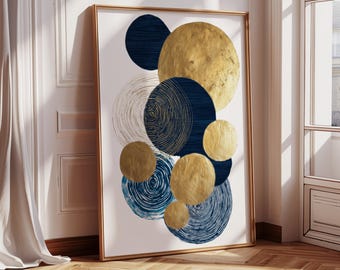 Póster abstracto geométrico minimalista / Obra de arte moderna en azul y dorado / Elegante decoración de pared para sala de estar / Decoración de interiores contemporánea