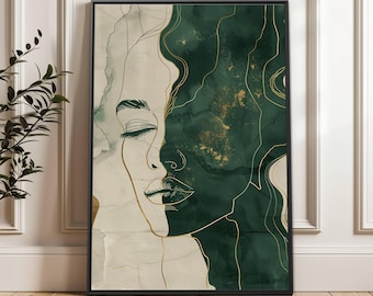Abstrakt kvinnoansikte väggkonst smaragdgrön & guld linjekonst inramad duk modern minimalistisk kvinnaporträtt bohemisk glamour heminredning