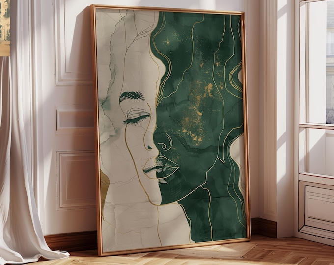 Abstract Female Face Wall Art Emerald Green & Gold Line Art Print Modern Minimalist Woman Portrait Boho Glam Home Decor