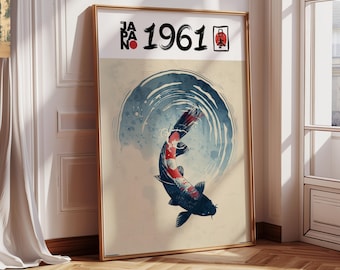 Pôster retrô de arte com carpas koi para decoração de casa, arte de parede japonesa em estilo vintage, decoração minimalista japonesa, impressão de arte retrô para casa.