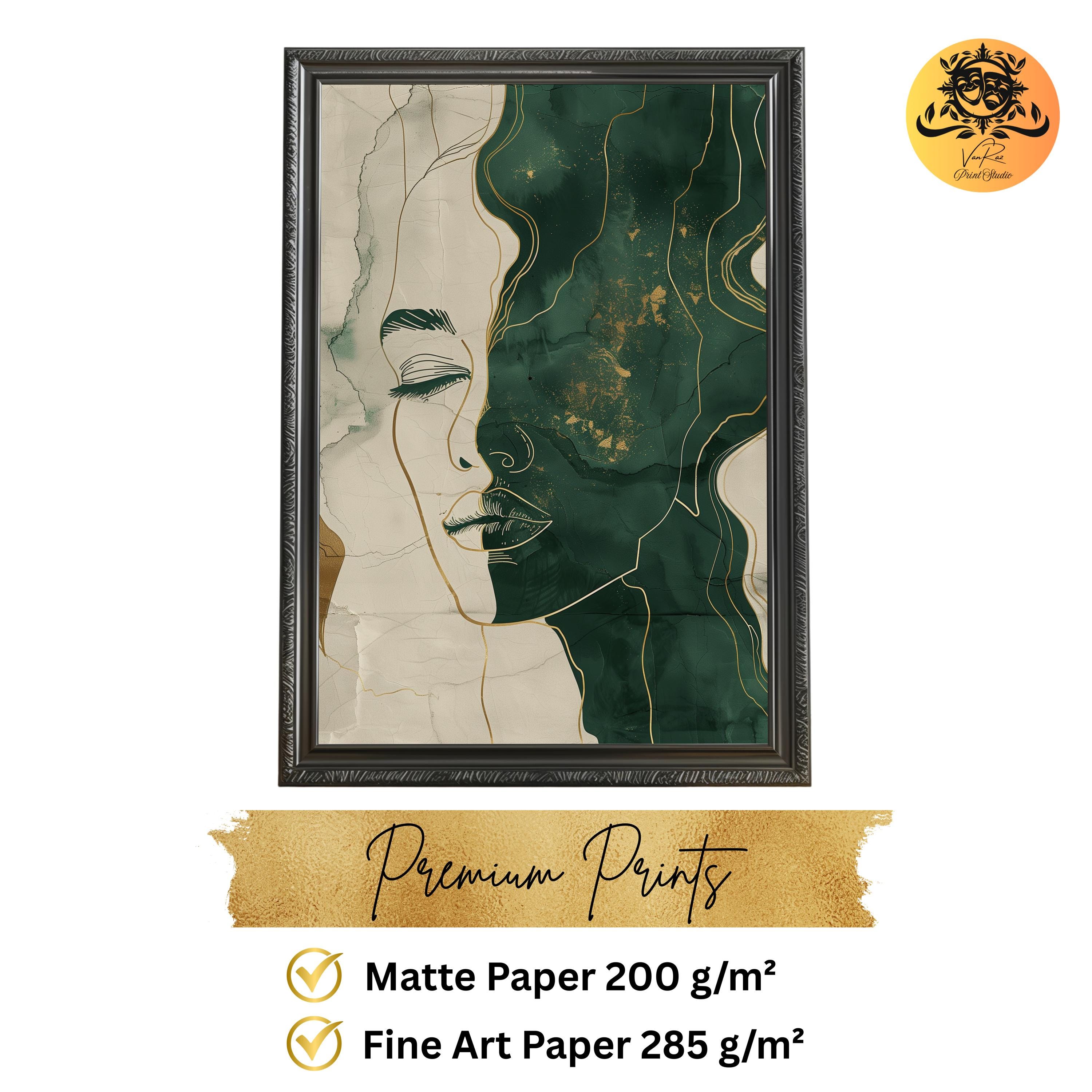 Abstract Female Face Wall Art Emerald Green & Gold Line Art Print ...
