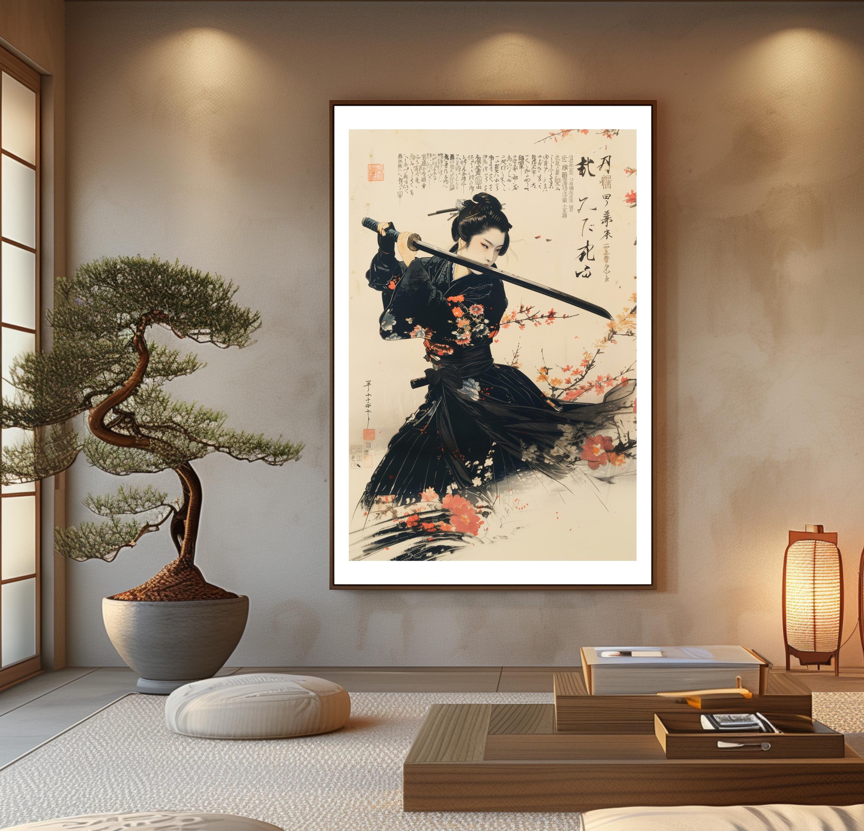 女性侍の壁掛けアート 日本の女武芸者 刀 戦士プリント 黒の着物 花柄