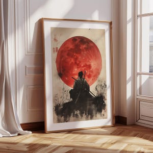 Samurai Wall Art Print Japanese Warrior Poster Red Moon Decor Zen Meditation Art Japandi Home Decor Sumi E Ink Style Printable Digital Art