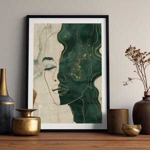 Abstract Female Face Wall Art Emerald Green & Gold Line Art Print ...