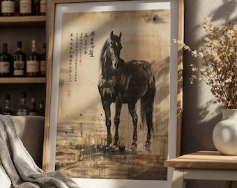 日本の馬のアートポスター、ホームデコレーション、日本風の壁掛けアート、ヴィンテージスタイルの装飾、浮世絵風プリント、ギフトアイデア