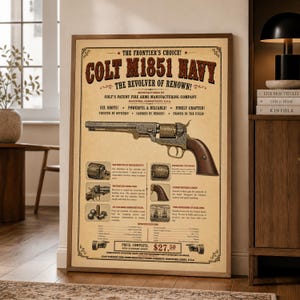 Könnte beinhalten: Ein Poster im Vintage-Stil mit einem Colt M1851 Navy Revolver, detaillierten technischen Illustrationen und Text. Der Druck enthält Spezifikationen, historische Beschreibungen und einen Preis von 27,50 $ auf beigem Hintergrund mit dunkelbraunem Text.