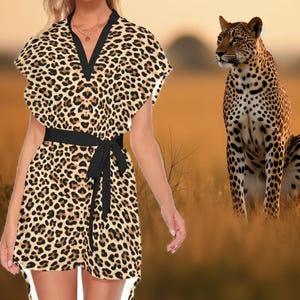 Leopard Pattern Print Stand-up Collar Casual Dress With Belt for Animal Print Lover. Birthday Gift Idea. Summer Dress and Beachwear.
