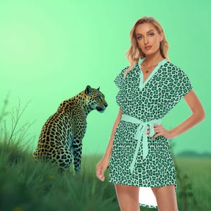Leopard Pattern Print Stand-up Collar Casual Dress With Belt for Animal Print Lover. Birthday Gift Idea. Summer Dress and Beachwear.