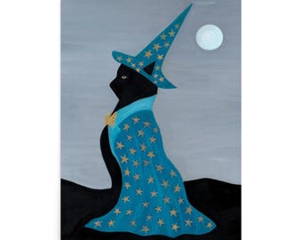 Magical Black Cat Art Print - 18 x 24 Wizard Poster Decor