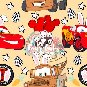 May include: A seamless pattern featuring cartoon cars, stars, Easter eggs, Mickey Mouse shapes, panda bears, and carrots on a light yellow background. The text "Four Cubs Digitals" is also present.