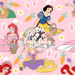 May include: A pink digital print featuring Disney princesses, Easter eggs, carrots, panda bears, daisies, and bunny footprints. The princesses are holding baskets of Easter eggs. The text "Four Curls Digitals" is in the center of the image.