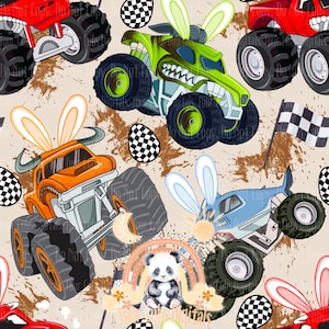 May include: A repeating pattern featuring cartoon monster trucks in red, green, orange, and blue, each adorned with bunny ears. The design includes checkered eggs, a panda bear, and a rainbow on a beige background with brown splatters.