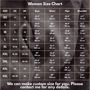 May include: A size chart table titled Women Size Chart with columns for size, US, UK, bust, waist, hips, and shoulder measurements in inches and centimeters. The table lists sizes from XS to 5XL. Text at the bottom reads: We can make custom size for you. Please contact me for any details.