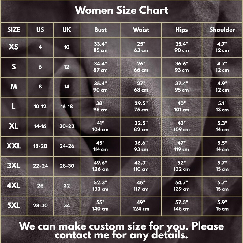 May include: A size chart table titled Women Size Chart with columns for size, US, UK, bust, waist, hips, and shoulder measurements in inches and centimeters. The table lists sizes from XS to 5XL. Text at the bottom reads: We can make custom size for you. Please contact me for any details.