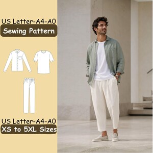 May include: A sewing pattern for a shirt and trousers, labeled US Letter-A4-A0 and XS to 5XL Sizes. The image displays technical line drawings of a long-sleeve button-down shirt, a t-shirt, and pleated trousers alongside a photograph of the finished outfit.