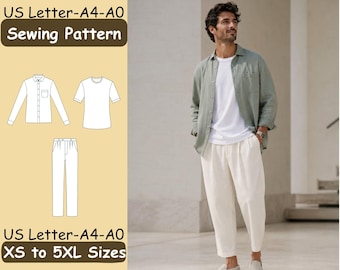 May include: A sewing pattern for a shirt and trousers, labeled US Letter-A4-A0 and XS to 5XL Sizes. The image displays technical line drawings of a long-sleeve button-down shirt, a t-shirt, and pleated trousers alongside a photograph of the finished outfit.