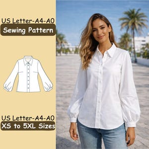 May include: A woman wearing a white button-down shirt with long, puffy sleeves and blue jeans. The image includes a sewing pattern illustration and text that reads "US Letter-A4-A0 Sewing Pattern" and "XS to 5XL Sizes".