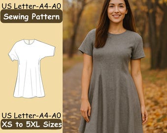 Short Sleeve Dress Pattern, Flared Skirt Sewing Design, Easy Beginner Project, Comfortable Fit, Size Inclusive Pattern XS–5XL