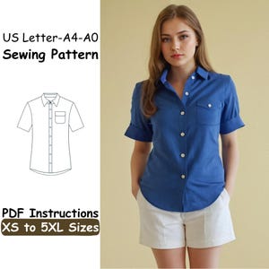Girls T Shirt Sewing Pattern - Collar Shirt PDF Pattern - Short Sleeve Button Top Sewing Pattern - Casual DIY Outfit Pattern for Women