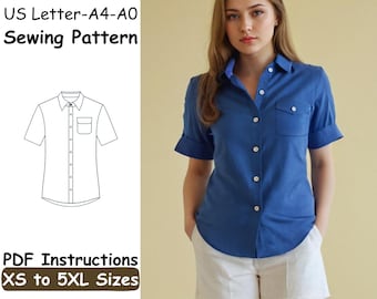 Girls T Shirt Sewing Pattern - Collar Shirt PDF Pattern - Short Sleeve Button Top Sewing Pattern - Casual DIY Outfit Pattern for Women