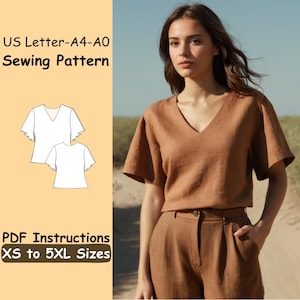 May include: A woman in a brown V-neck top and trousers. The image includes a sewing pattern illustration and text that reads "US Letter-A4-A0 Sewing Pattern" and "PDF Instructions XS to 5XL Sizes".